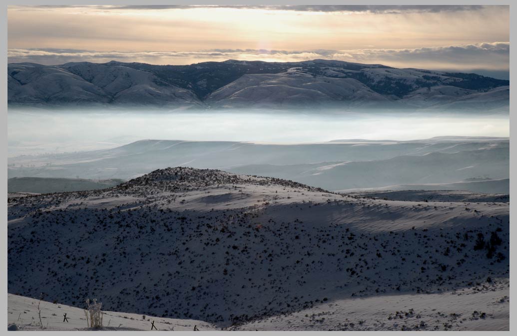 Above the Mist, Eagle Valley, view Southwest, last light, Northeast Oregon