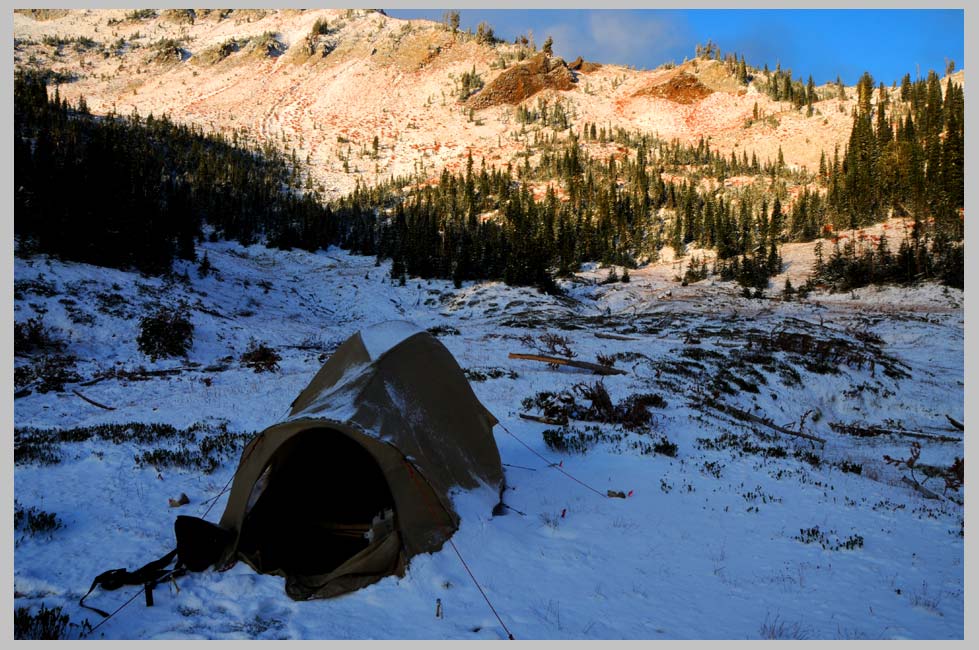 First Snow at Heather Camp, Hidden Lake. Eagle Cap Wilderness