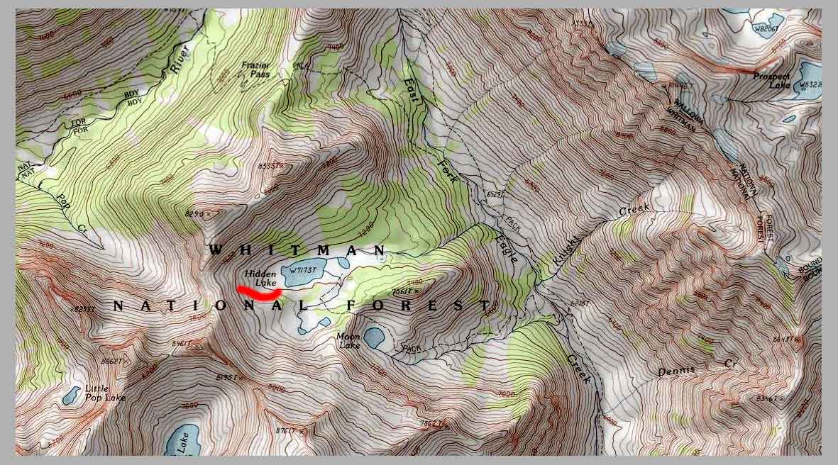 CLIFF CEGO | Hidden Lake TOPO, Eagle Cap Wilderness—Alpine Lake at ± 2200 meters (7173 feet). 